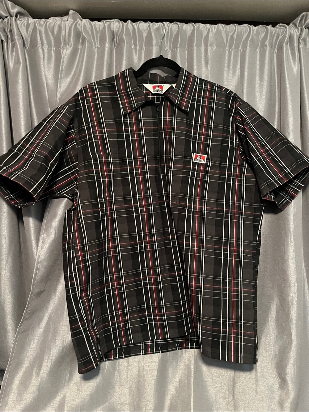 Ben Davis Black Plaid Short-Sleeve Button-Down with Red & White Stripes